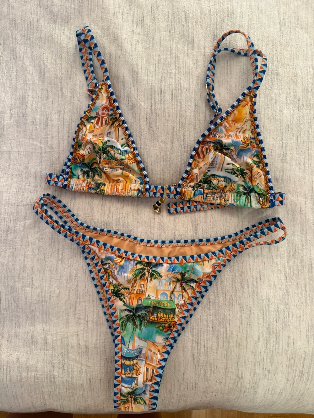 Bydee new this season Tropical Print Triangle Bikini Set - Blue, Orange, Green